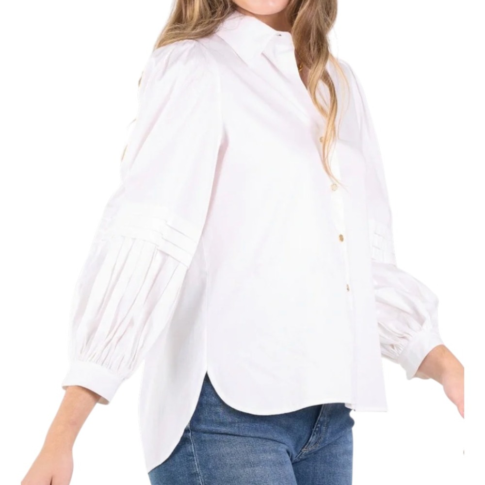 EMILY McCARTHY White Poplin OXFORD SHIRT TOP Button-Up PLEATED SLEEVE Stretch XS